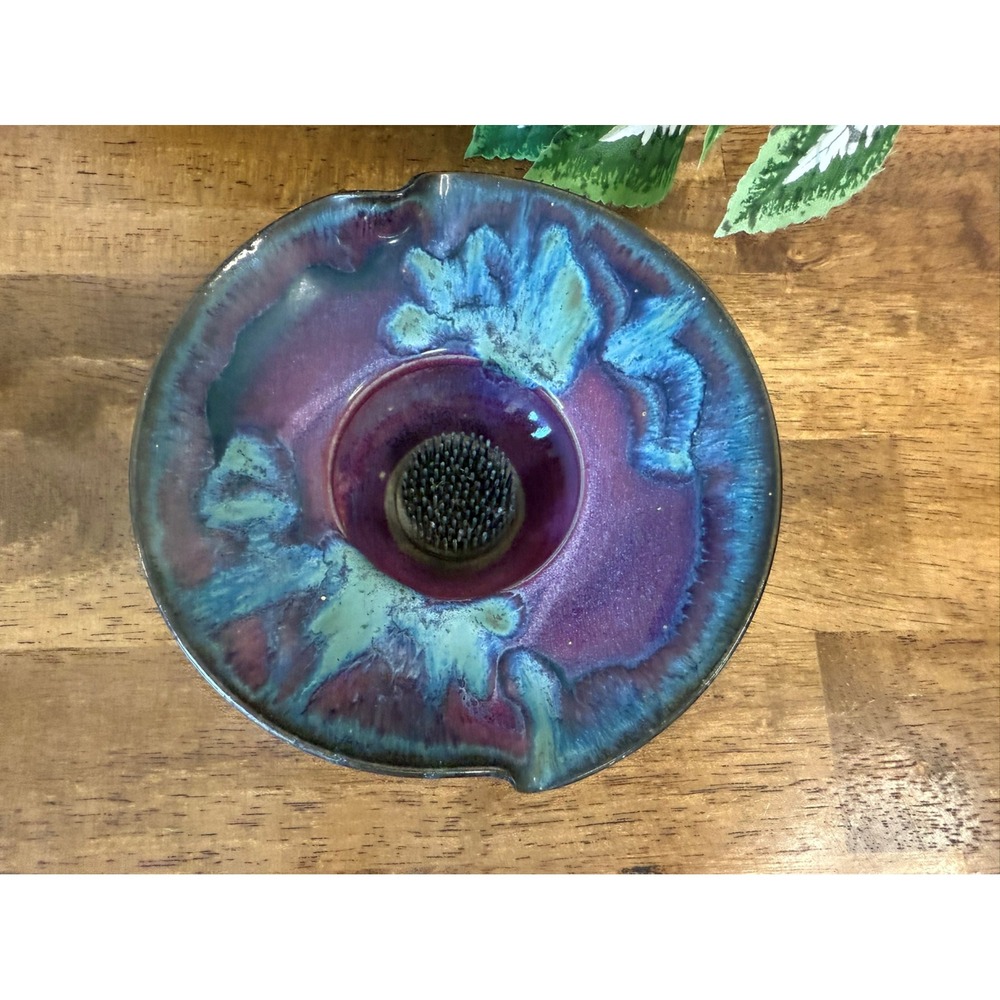 Studio Art Pottery Ikebana Flower Frog Bowl – Purple Blue Drip Glaze Signed JB - Picture 4 of 7